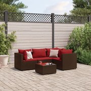 5 pcs conjunto lounge jardim c/ almofadões vime PE castanho