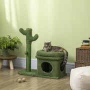 Árvore Arranhador para Gatos Desenho de Cacto Altura 83cm Torre para Gatos com Cama Casa de Pelúcia Poste de Sisal e Bola Suspensa 68x30x67cm Verde