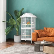 Gaiola para Pássaros 2 em 1 com 2 Andares Rodas 4 Comedouros 4 Poleiros e Bandejas Amovíveis  78x75x168 cm Branco