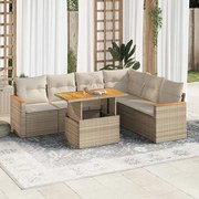 vidaXL 7 pcs conjunto sofás jardim com almofadões vime PE/acácia bege