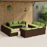 13 pcs conjunto lounge jardim c/ almofadões vime PE castanho