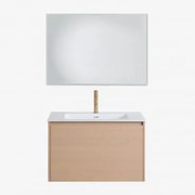 Conjunto De Móvel De Casa De Banho Suspenso Em Madeira Com Lavatório Integrado Jacob Madeira Natural & Led Retangular E Anti-embaciamento - Sklum