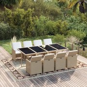 9 pcs conjunto de jantar p/ jardim com almofadões vime PE bege