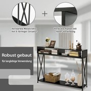 Mesa de console com prateleira aberta e compartimentos de armazenamento, estrutura de aço, marrom