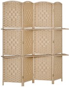 HOMCOM Biombo de 4 Painéis 160x170 cm Separador de Ambientes Dobrável com 2 Prateleiras de Exibição para Escritório Quarto Natural