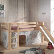 Conjunto Cama alta de Criança PINO 90 x 200 cm + estrado + escada + escorrega + cortina Pássaros Natural