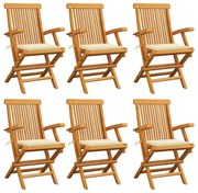 vidaXL Cadeiras de jardim c/ almofadões creme 6 pcs teca maciça