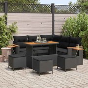vidaXL Conjunto de Sofá de Jardim de 9 Peças com Almofadas em Rattan Preto e Acácia