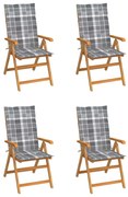 vidaXL Cadeiras jardim c/ almofadões xadrez cinzento 4 pcs teca maciça
