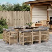 vidaXL 11 pcs conj. jantar jardim c/ almofadões vime PE bege misturado