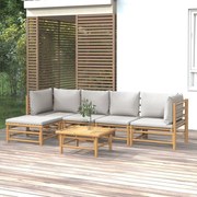 6 pcs conj. lounge de jardim bambu c/ almofadões cinzento-claro