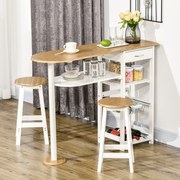 Conjunto de Mesa de Bar com 1 Gaveta 2 Prateleiras Cesta Removível e Suporte para Garrafas Mobiliário Alto com Mesa 119x38,5x88,5cm e 2 Bancos 29x29x5