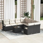vidaXL Conjunto de Sofá de Jardim com 9 peças e almofadas em polirattan preto
