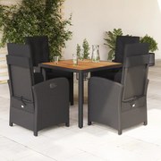 vidaXL 5 pcs conjunto de jantar p/ jardim c/ almofadões vime PE preto