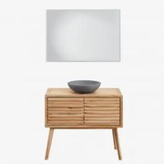 Conjunto De Móvel De Casa De Banho 90x45 Cm Em Madeira Deleyna Madeira Natural & Cimento Cinzento Redondo Ø40 Cm Tarsis & Led - Sklum