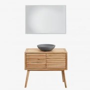 Conjunto De Móvel De Casa De Banho Em Madeira Deleyna Madeira Natural & Cimento Cinzento Redondo Ø40 Cm Tarsis & Led Retangular - Sklum