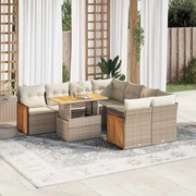 vidaXL 9 pcs conjunto sofás jardim com almofadões vime PE/acácia bege