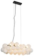 Candeeiro suspenso preto com vidro opala 8 luzes alongado - Uvas Design,Art Deco