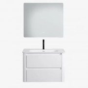 Conjunto De Móvel De Casa De Banho Suspenso Em Madeira Com Lavatório Integrado Egerton Branco & Led Retangular E Anti-embaciamento 80x70 Cm - Sklum