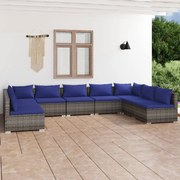 9 pcs conjunto lounge de jardim c/ almofadões vime PE cinza