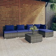 6 pcs conjunto lounge de jardim c/ almofadões vime PE cinzento