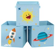 Caixas de armazenamento SONGMICS, conjunto de 3, caixas organizadoras de brinquedos, cubos de armazenamento dobráveis ​​com duas alças, para quarto infantil, sala de jogos, quarto, 30 x 30 x 30 cm, tema espacial, azul RFB001B03