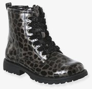 Botas envernizadas, com atacadores e fecho, para menina preto estampado