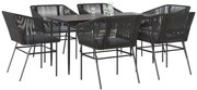 vidaXL Conjunto de jantar jardim 7 peças almofadas vidro vime PE preto