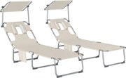 Outsunny Conjunto de 2 Espreguiçadeiras Dobráveis com Dossel 360° Encosto 5 Posições Orifício Facial e Textilene 550 g/m² 188x56x27 cm Bege | Aosom Portugal