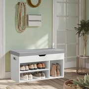 Banco sapateira com espaço de arrumação, estofado, com 3 compartimentos abertos 30 x 80 x 44 cm Branco