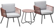 Outsunny Conjunto de Móveis de Jardim de Vime 3 Peças Incluí 1 Mesa de Centro e 2 Poltronas com Almofadas Acolchoadas Teca e Cinza