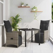 vidaXL Conjunto de Jantar de Jardim com 3 Peças e Almofadas em Rattan Sintético Cinza.