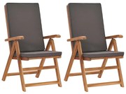 vidaXL Cadeiras jardim reclináveis + almofadões 2pcs teca maciça cinza