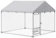 PawHut Canil Exterior com Toldo 2x2x1,54 m Gaiola para Cães em Aço Galvanizado com Suporte para Comida Giratório e Ajustável Prata