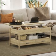 Mesa de Centro com Bancada Elevável Espaço Oculto de Armazenamento Gavetas e Prateleira Aberta 100x50x48-62 cm Carvalho