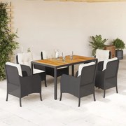 vidaXL 7 pcs conjunto de jantar p/ jardim c/ almofadões vime PE preto