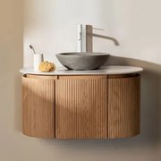 Conjunto De Móvel De Casa De Banho Suspenso 90x50 Cm Em Madeira Carsone Madeira Natural & Sem Unidade Auxiliar & Cimento Cinzento Redondo - Sklum