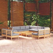 12pcs conjunto lounge de jardim + almofadões cinza pinho maciço