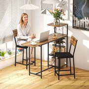 Conjunto de Mesa e Bancos de Bar Mesa Alta de Cozinha com 2 Bancos Laterais Rebatíveis Suporte para Vinhos e Prateleiras Castanho e Preto