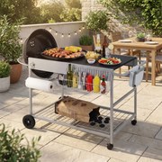 Carrinho de churrasco 141 x 62 x 80 cm para grelhadores de 18“ e 22” com bancada ampla, grelha metálica, cesto para rolos e caixote do lixo para jardi