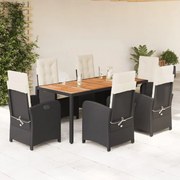 7 pcs conjunto de jantar p/ jardim c/ almofadões vime PE preto