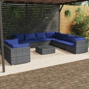 10 pcs conjunto lounge de jardim c/ almofadões vime PE cinzento