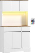 HOMCOM Armário de Cozinha Móvel de Arrumação Alto com Luz LED RGB Tampo 6 Portas 2 Gavetas Branco | Aosom Portugal