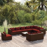 11 pcs conjunto lounge de jardim c/ almofadões vime PE castanho