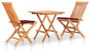 vidaXL Conjunto bistrô c/ almofadões vermelho tinto 3 pcs teca maciça