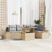 vidaXL Conjunto de Jantar de 6 Peças com Almofadas Bege, Rattan Sintético e Acácia