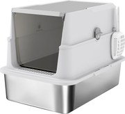 PawHut Caixa de Areia para Gatos Grandes em Aço Inox com Tampa Rebatível, Pá e Desodorizante, Cinza Claro | Aosom Portugal