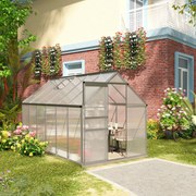 Estufa de jardim em policarbonato com 7,1 m², 1,9 m (L) x 3,75 m (C) x 1,99 m (A), com fundação, claraboia ajustável e porta de correr - Prateada e tr