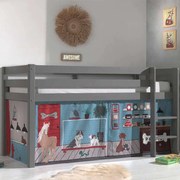 Cama alta de Criança PINO 90 x 200 cm + estrado + escada + cortina Animais Cinzenta
