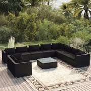 11 pcs conjunto lounge de jardim c/ almofadões vime PE preto